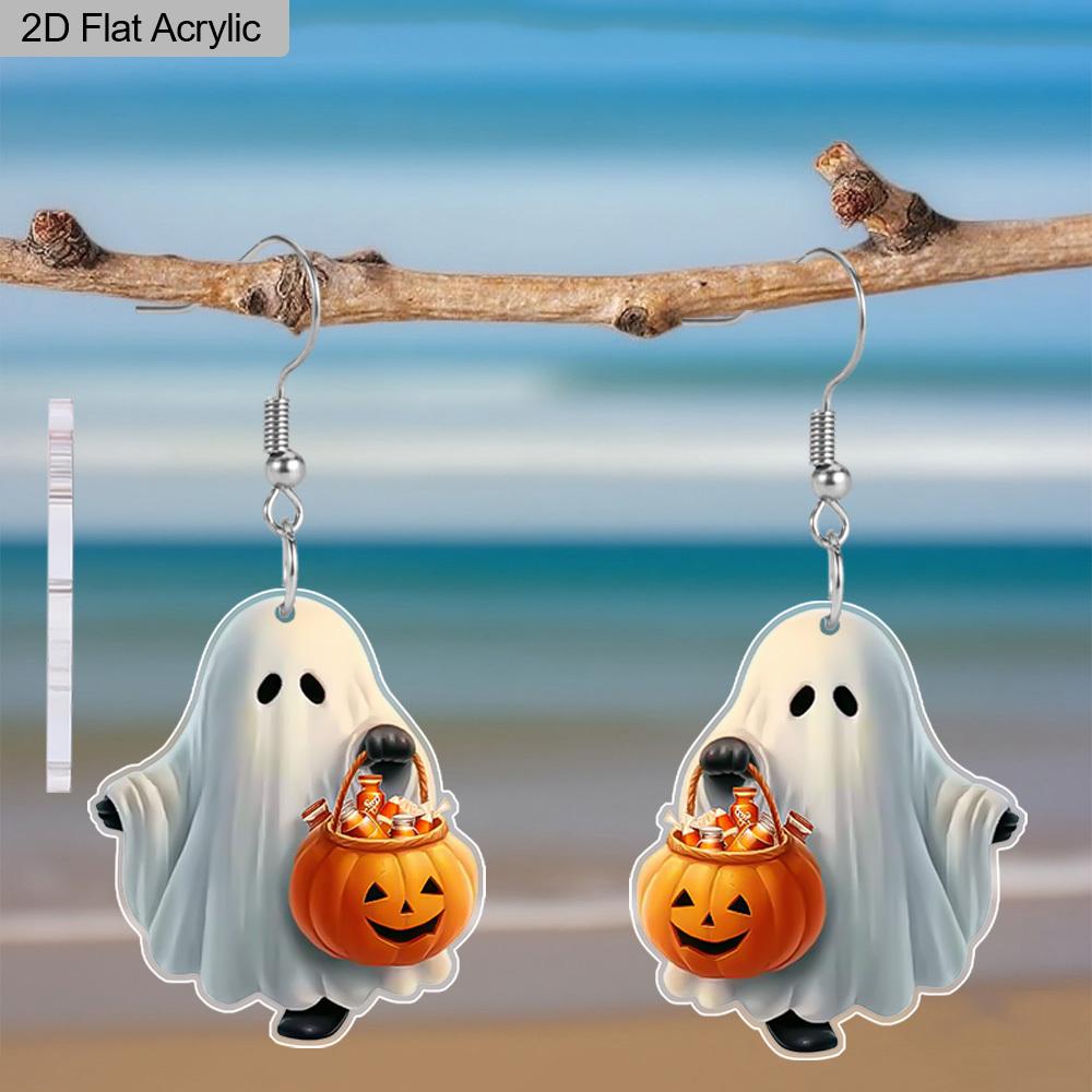 2D Flat Halloween Ghost Earrings for Women Cute Cartoon Ghost Dangle Earrings Acrylic Fun Spooky Earrings BOO Halloween Theme Jewelry