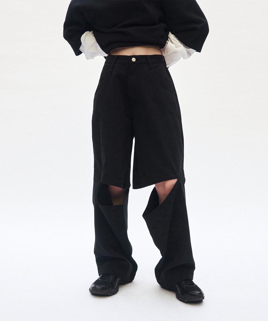 Teulimingbeodeu Knee Slit Wide Pants [ Black ]
