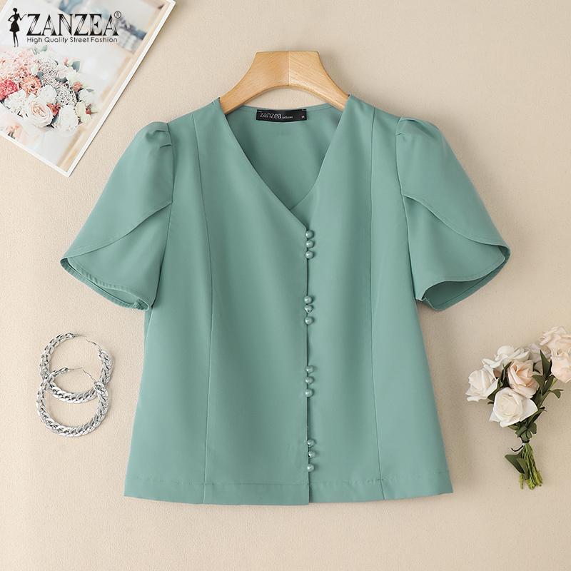 ZANZEA Women Casual V-Neck Solid Color Short Sleeve Blouse