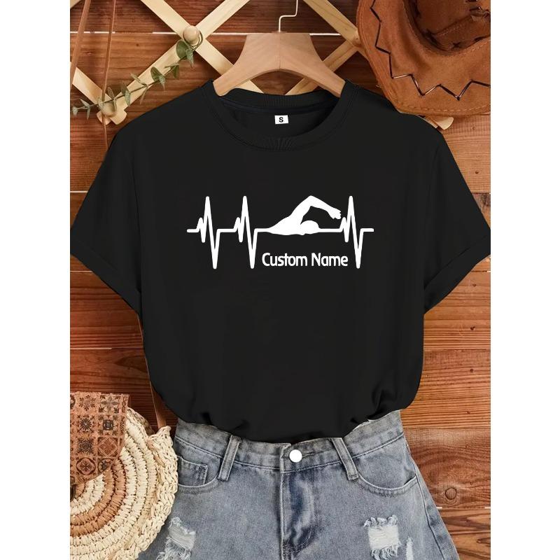 

Women Custom Swimming Heartbeat Print T-Shirt Personalized Name Logo Crew Neck White Casual All-Season Swim Lover Gift Tee 4XL чорний