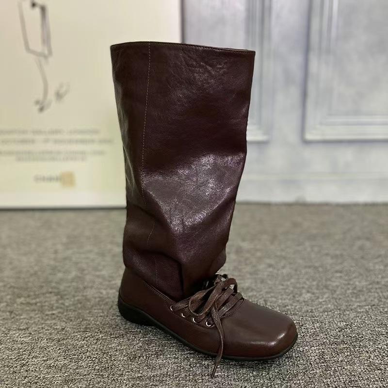 

Стиль Чэнду~ Винтажные западные ботинки на меху Женские Европейская станция 2025 Балетный ремешок Плиссированные ботинки средней длины Сонный 35