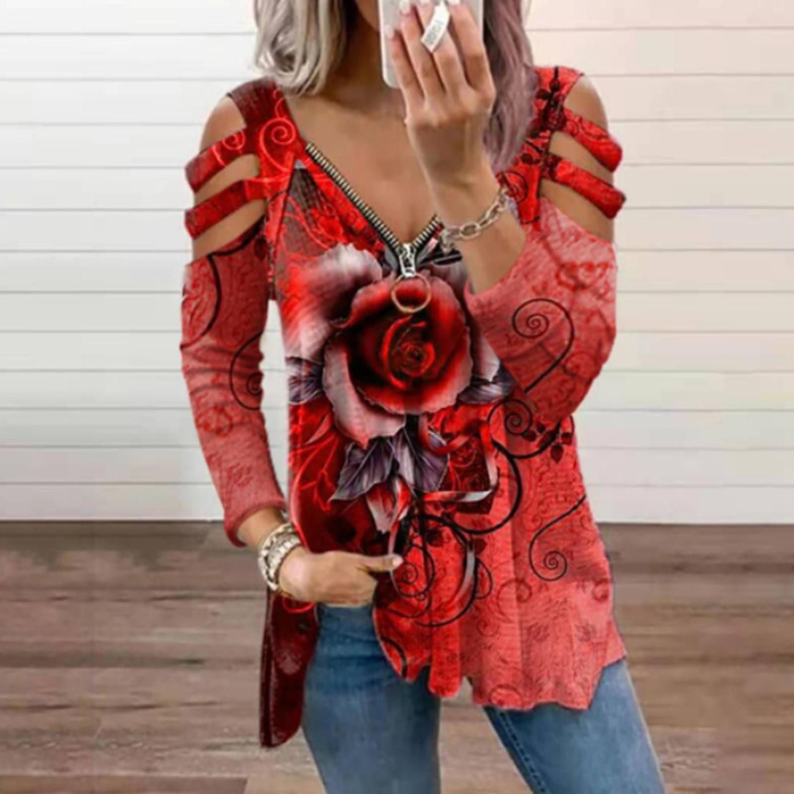 

Модная женская повседневная футболка со свободным воротником на молнии с v-образным вырезом и принтом розы и длинными рукавами XL красный