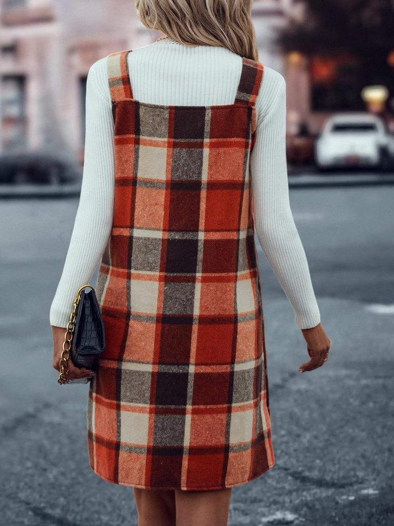 Chic Women's Plaid Suspender Skirt with Pockets – Casual Fashion for Spring and Autumn