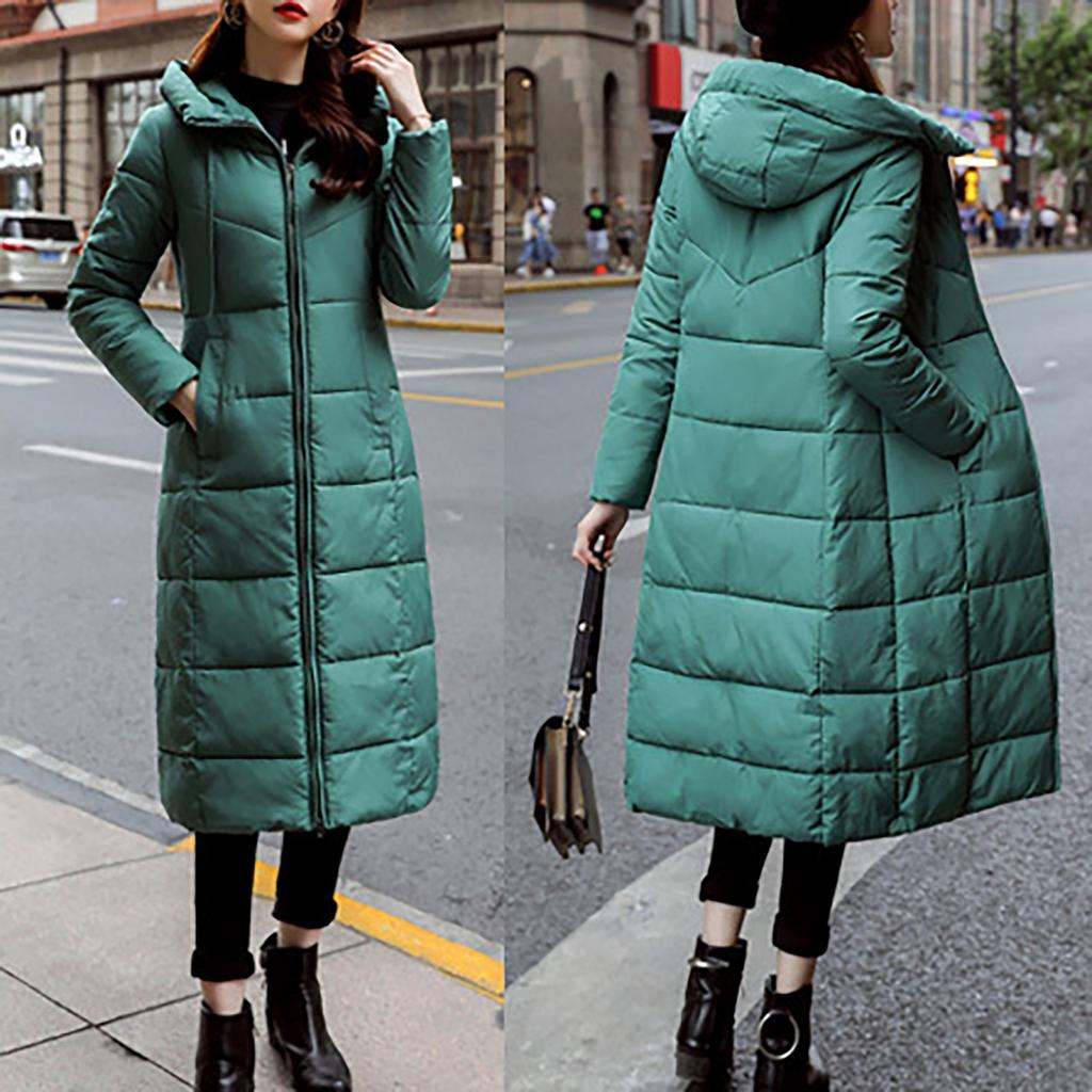 Womens Ladies Warm Plus Size Solid Color Hooded Single Breasted Medium Length Cotton Jacket Waistcoat Slim Cardigan Coat