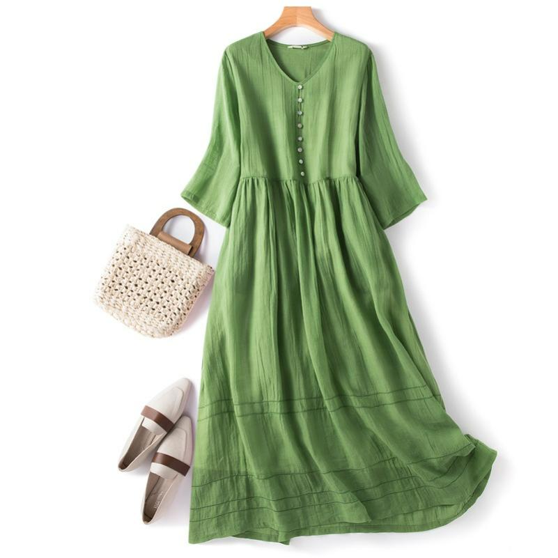 

Literary Retro Texture V-neck Dress with Five-point Sleeves Loose and Elegant Fairy Long Skirt Women 2XL зелений