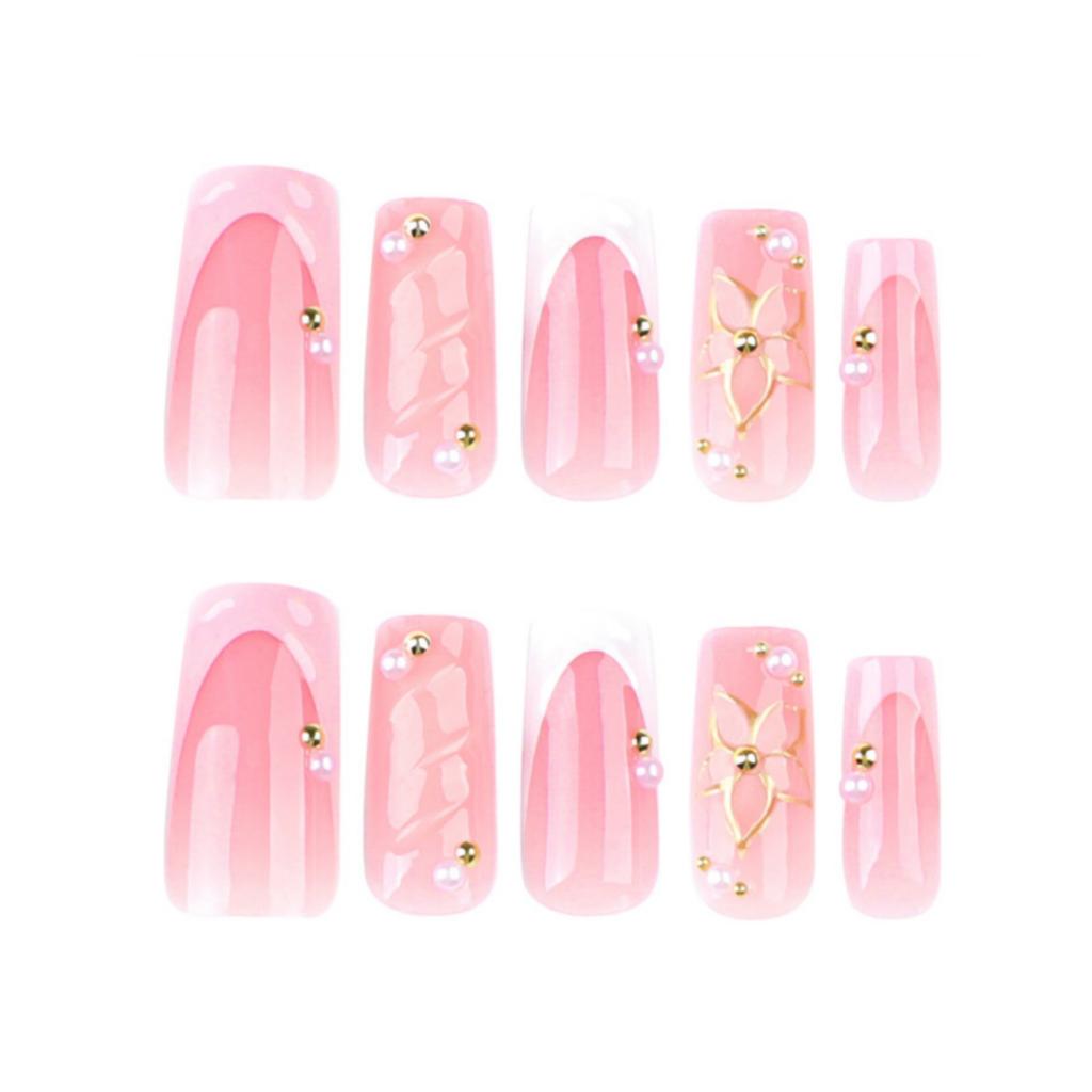 24pcs Wearable Press on Nails French Flower Full Cover Fake Nail Pink Ripple Design False Nails for DIY Y2K Manicure Art