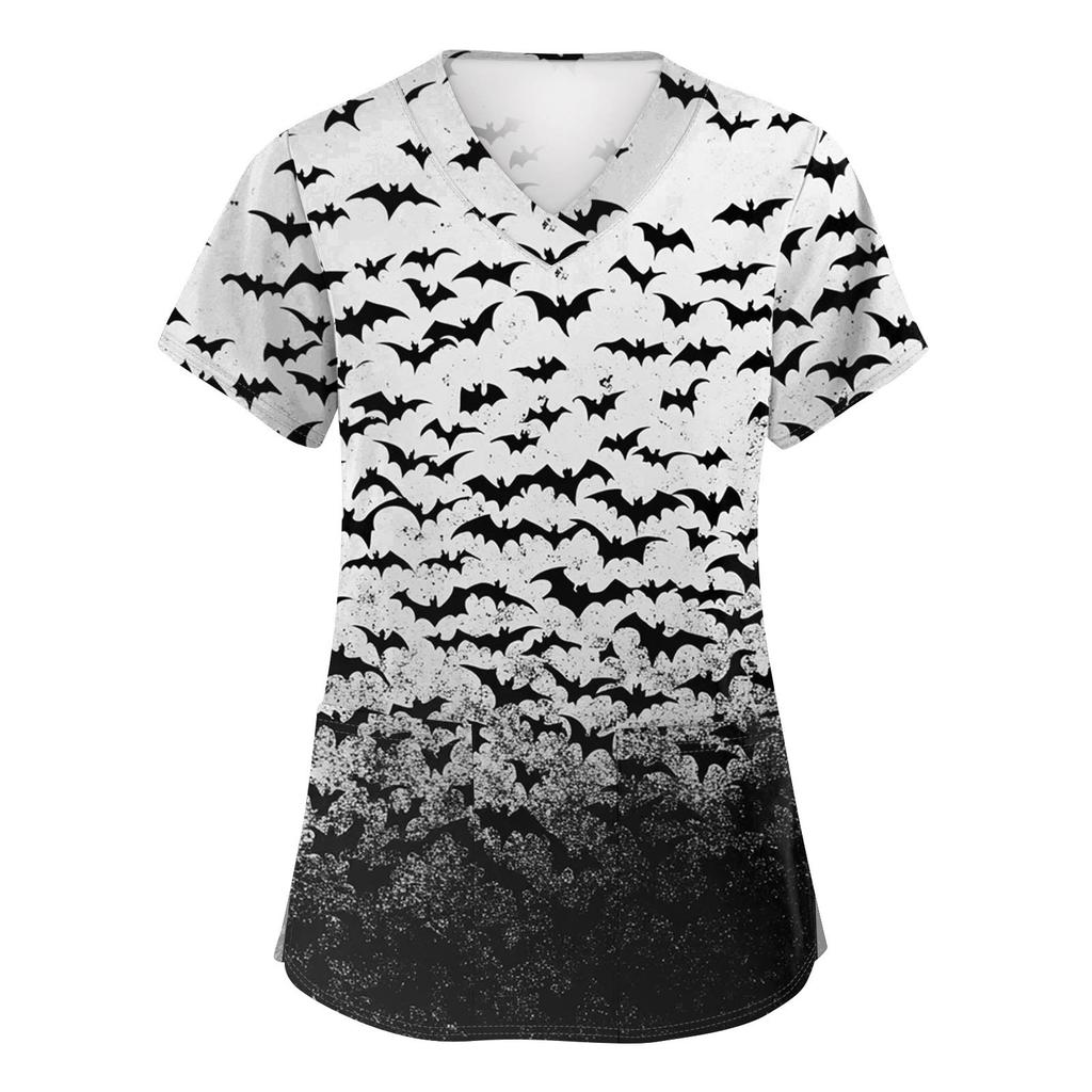 Women's Fashion V-neck Short-sleeved Work Uniform With Pockets, Halloween Print Top