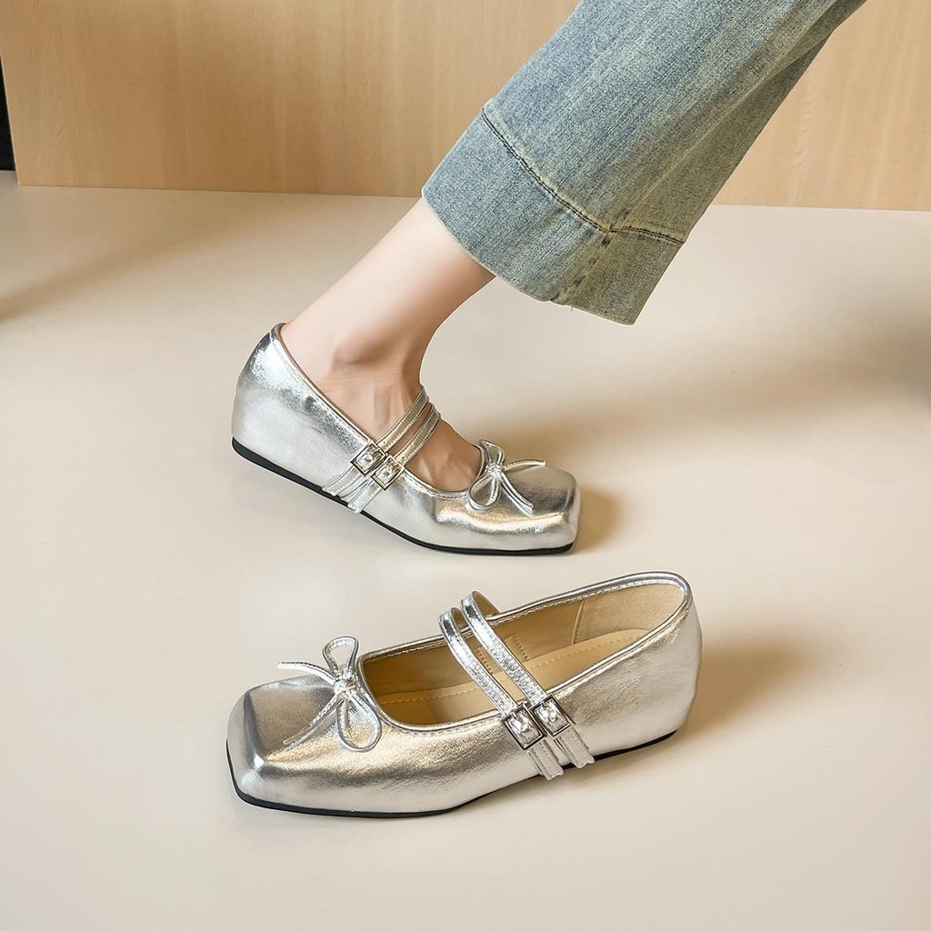 Weiwei girl 8739-1 chaussures simples à bouche légère argent français à rehausse intérieure pour femmes avec nœud Mary Jane
