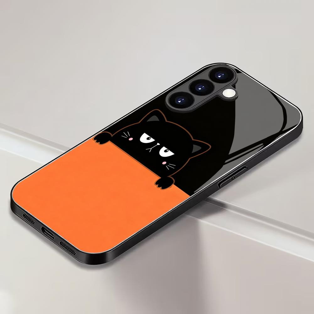 Cute black cat tempered glass phone case suitable for Samsung Galaxy S26 S25 S24 S22 S21 S20 FE/Ultra/Plus anti drop back cover