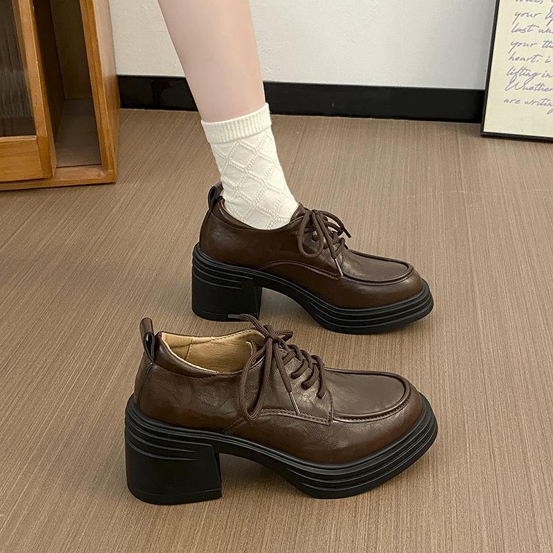 2025 Autumn New Versatile Lace-up Loafers Commuter Thick-heeled Women's Shoes Retro Style Round Head High-heeled Women's Single Shoes
