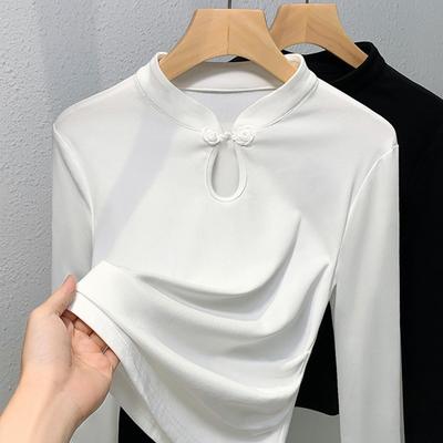 White Buckle Top Early Autumn New Inner Long-sleeved Bottoming Shirt Stand-up Neck Cotton Shirt Women
