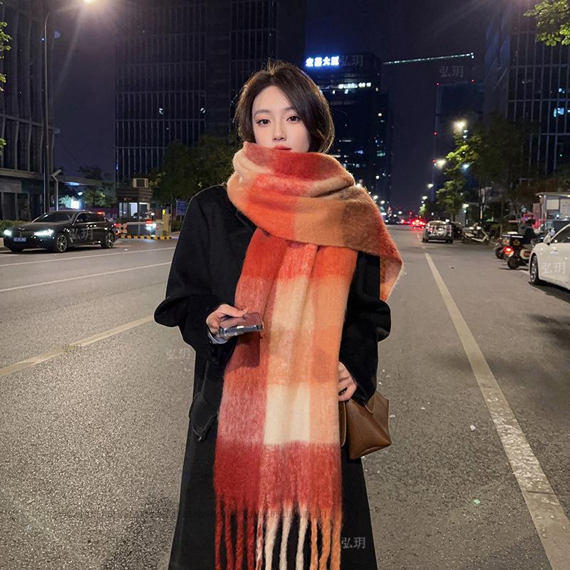 Men's and Women's Autumn and Winter Scarf Fashionable Warm Rainbow Plaid Shawl Tassel Thickened Mohair Scarf