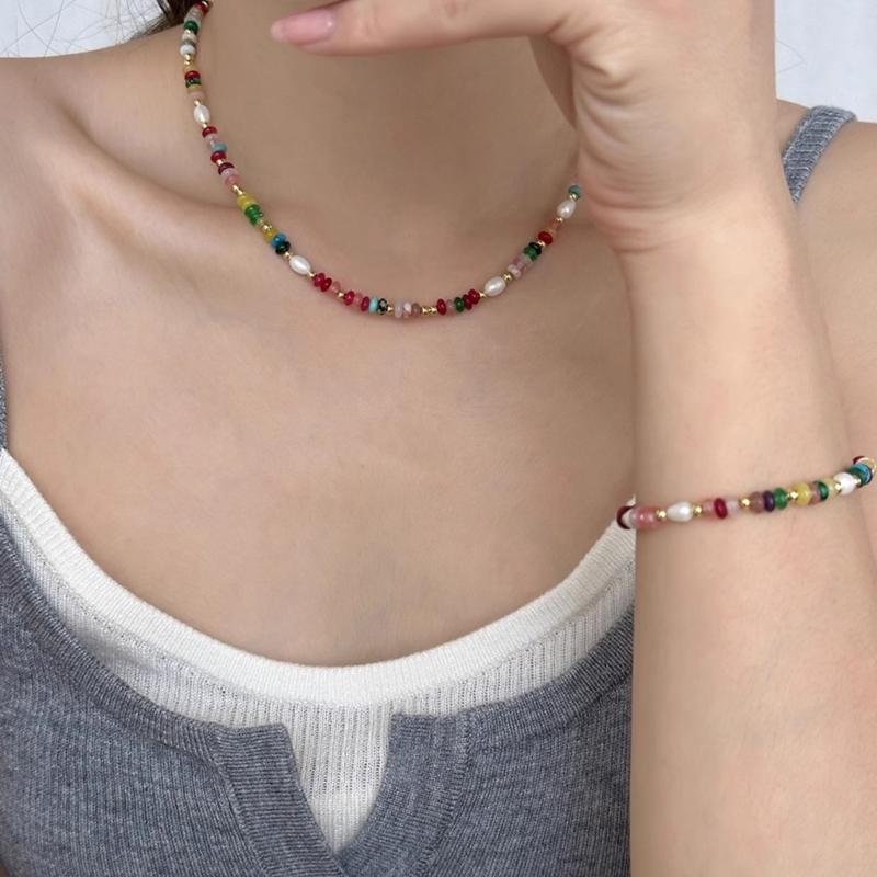 Fashionable Colorful Beads Natural Pearls Necklace Bracelet for Women Retro Gold Chain Jewelry Special Gifts Wear