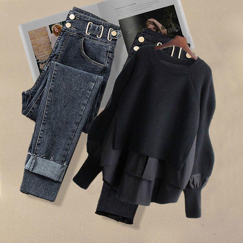 Γυναικείο Σετ Δύο Τεμαχίων Μεγάλο Μέγεθος Slim Τοπ με Στρογγυλή Λαιμόκοψη + Χαλαρό Λεπτό Παντελόνι για Τέσσερις Εποχές