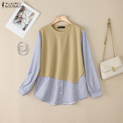 Women Casual Round Neck Stripe Splice Long Sleeve Autumn Blouse
