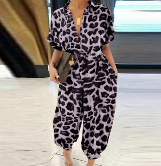 2020 Women's European Retro Leopard Print Short Sleeve Jumpsuit, Loose Plus Size, High Waist, Leg-Slimming Design