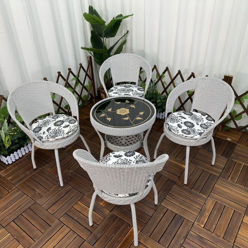 Three-Piece Chinese Style Rattan Table and Chair Set - Indoor Balcony Swivel Chair, Durable Round Five-Piece Swivel Design