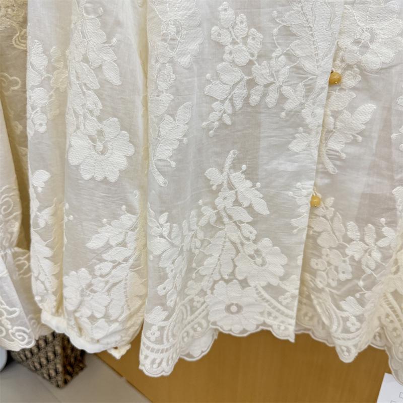 Women's 2026 Spring Jacquard Lace Puff Sleeve Blouse - Chinese Style, See-through Long Sleeve, Button-up Shirt