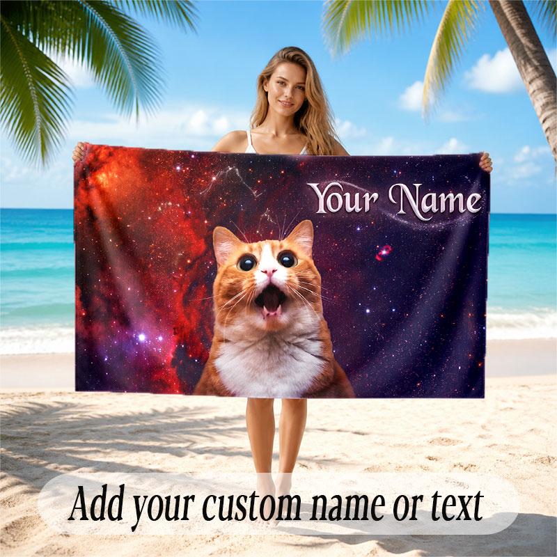 Cat Theme Soft Beach Towel Personalized Custom Name Text Towel Portable for Beach Pool Travel