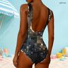 Women Plus Size High Round Neck Sleeveless One Piece Swimsuit Black White Grey Geometric Printed