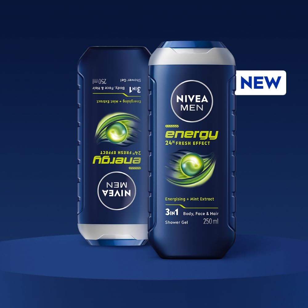 Nivea Männer Energie Duschgel 250ml Für Körper Gesicht Haar Mit Minzextrakten | Erfrischendes Reinigungswaschgel für den täglichen Gebrauch