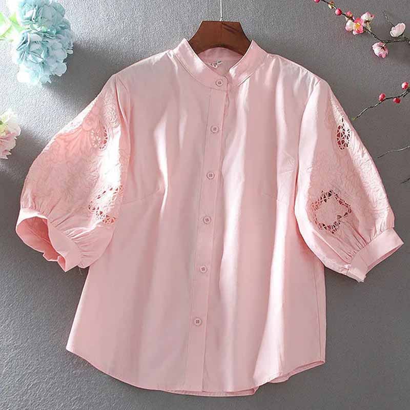 Summer Pure Cotton Stand-up Collar Hollow Out Embroidered Shirt Tops Women Temperament Loose Fitting Lantern Sleeve Blouse