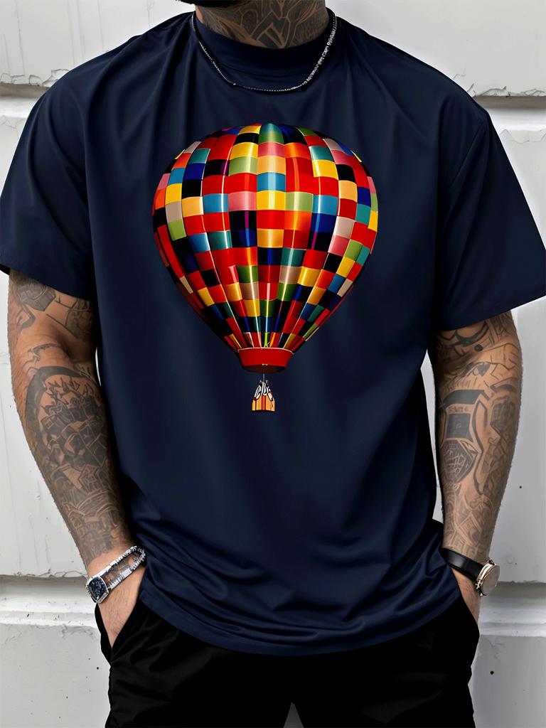 Unisex Short Sleeve T Shirt Colorful Hot Air Balloon Graphic Tee Vibrant Print Tops Summer Soft Cotton Casual Wear For Adult Male