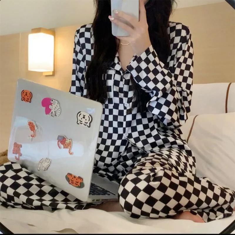 Dámské dvoudílné pyžamo s dlouhým rukávem na jaro a podzim Domácí oblečení pro ženy a studentky Svěží domácí oblečení Sada s dlouhými kalhotami Pyžamový set