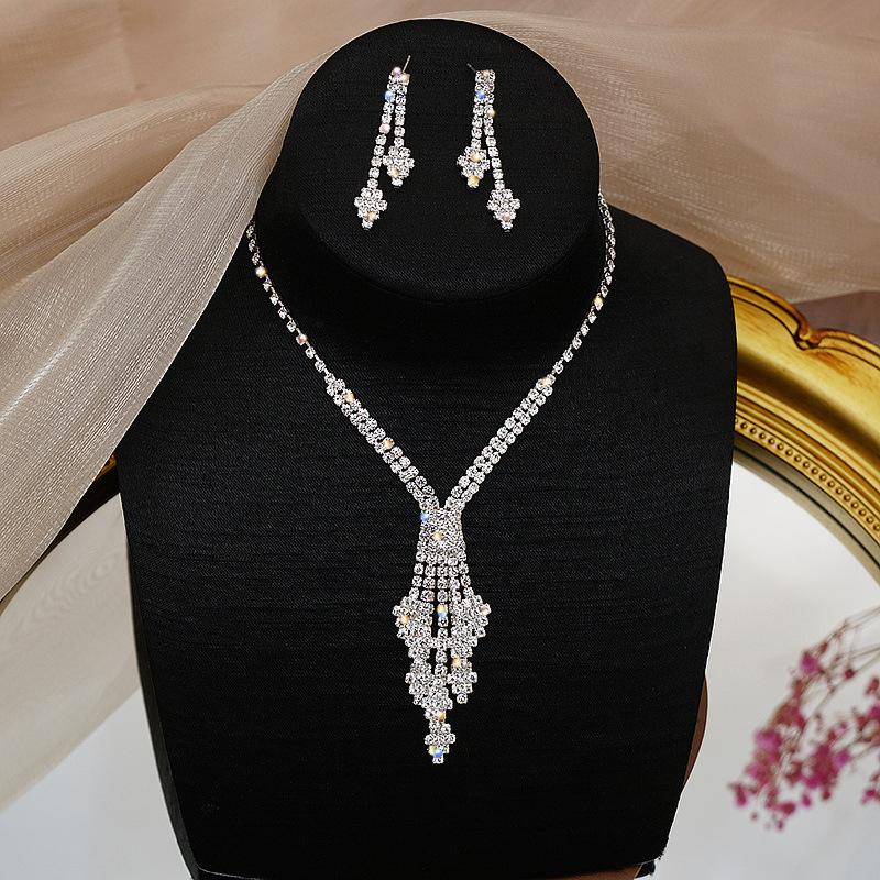 Cross-Border Hot Selling Exquisite Claw Chain Necklace and Earrings Suite Two-Piece Set Rhinestone Tassel Clavicle Dinner