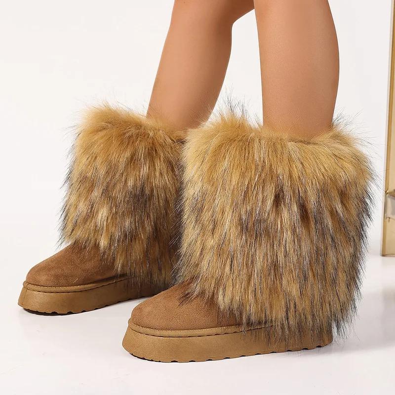 Winter women faux fur snow boots warm short plush lining fluffy fashion furry shoes woman platform suede leather ankle boots
