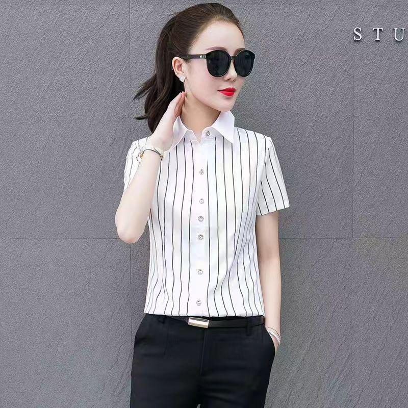 

2024 Spring/Summer Women s Striped Short Sleeve Blouse: Chic and Unique Design M