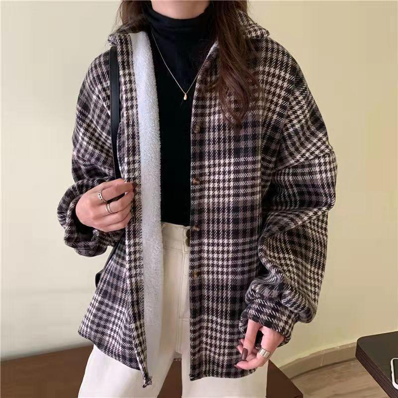 New Autumn/Winter Women's Brushed Plaid Velvet Shirt Jacket - Long Sleeve, Loose, Warm Korean Style