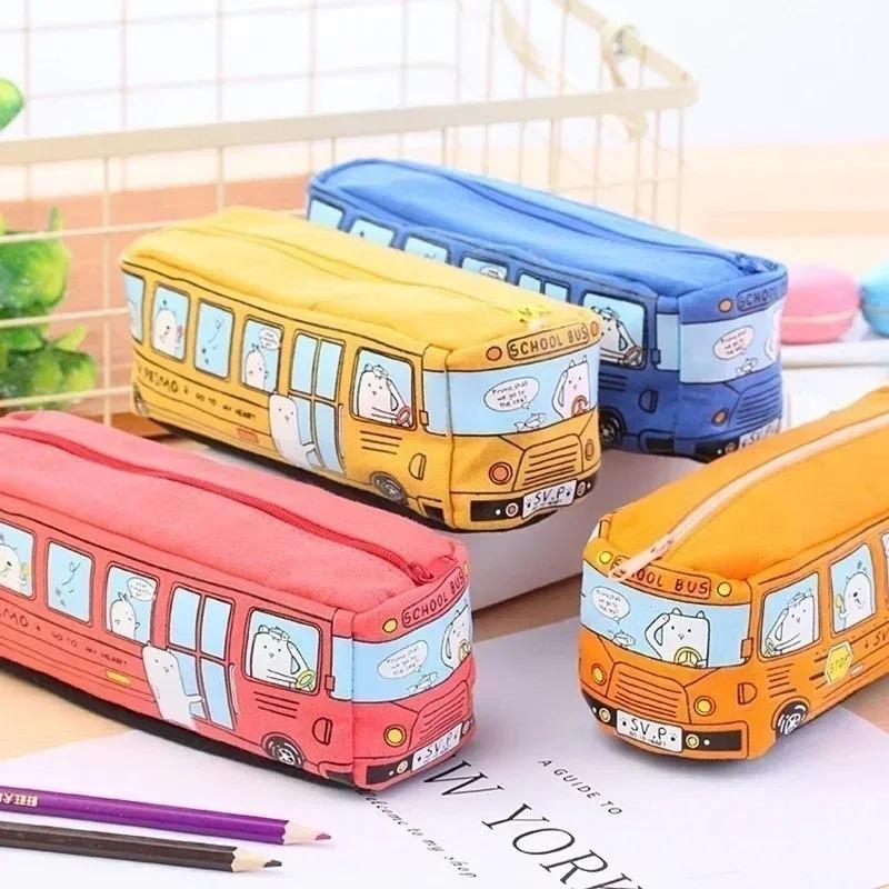 Large Capacity Cute Pencil Bag Creative Cartoon School Bus Children's Gift Office School Supplies Canvas Pencils Box Stationery