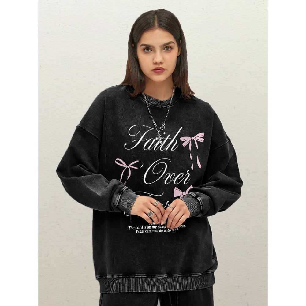 Pink Bow Faith Over Fear Print Woman Washed Sportswear Autumn Multicolor Clothes Street Cotton Pullover Sweatshirt