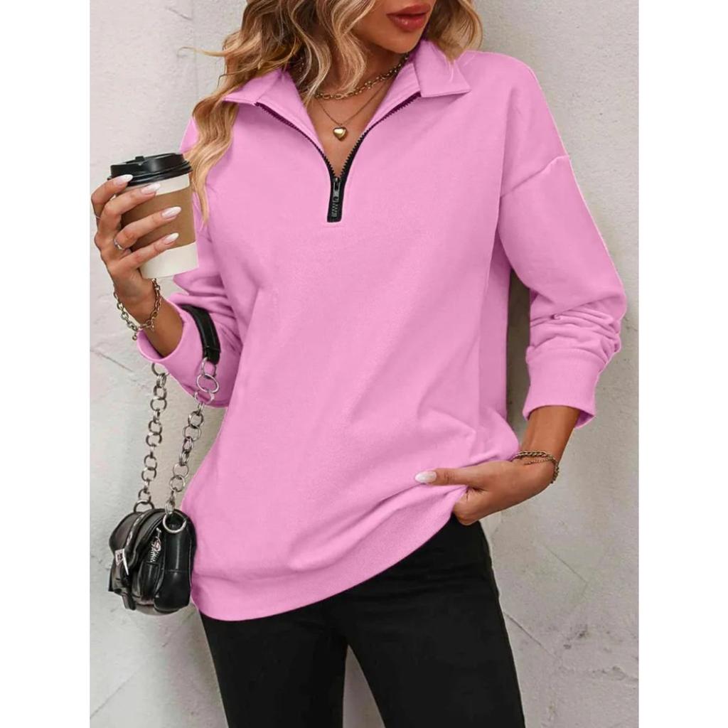 Felpa da donna con mezza zip e maniche lunghe, vestibilità ampia, casual, tinta unita, top pullover