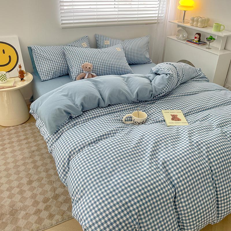 Pure Cotton Bedding Four-piece Set Simple Plaid Cotton Sheets Quilt Cover Striped Bedding