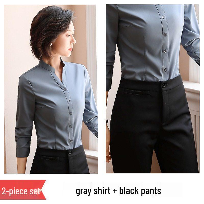 Women's Black Slim-Fit Professional Long-Sleeve Stand-Up Collar Shirt - New 2026 Business Formal Wear