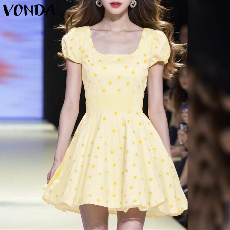 VONDA Women Square Collar Puff Sleeve Polka Dots Casual Pleated Dress