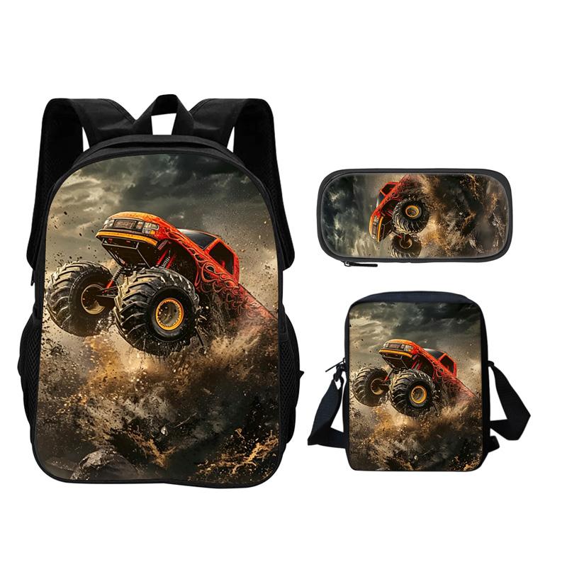 Monster Jam Backpack Pencil Box Shoulder Bag 3Pcs Set Cartoon Printed New Trendy Student School Best Campus Companion