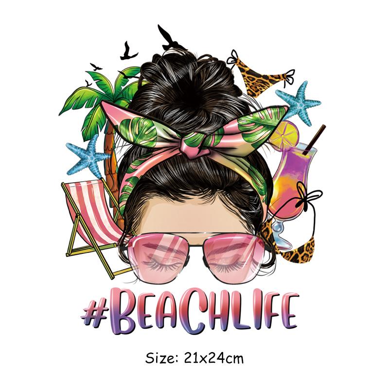 Iron On Patches Woman Beach Life Clothes Stickers Hoodies Heat Press Appliqued Diy Parches Ropa T-Shirt Heat-Adhesive Patch