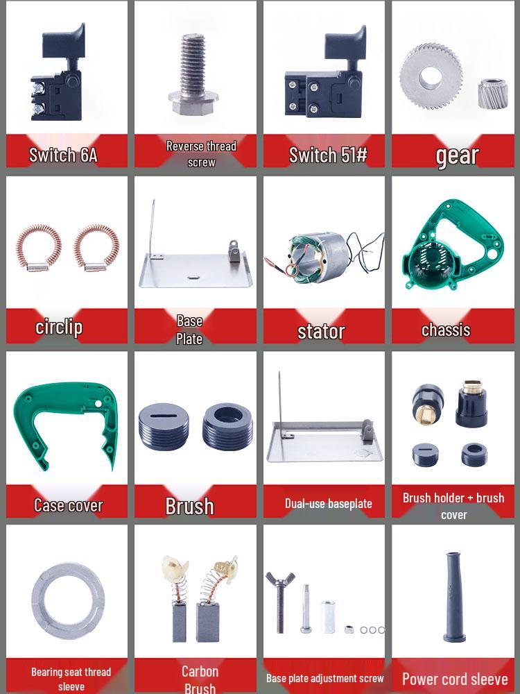 Akcesoria do przecinarki do marmuru Hitachi CM4SB: Wirnik, Stojan, Płyta dociskowa, Szczotka węglowa, Aparatura rozdzielcza