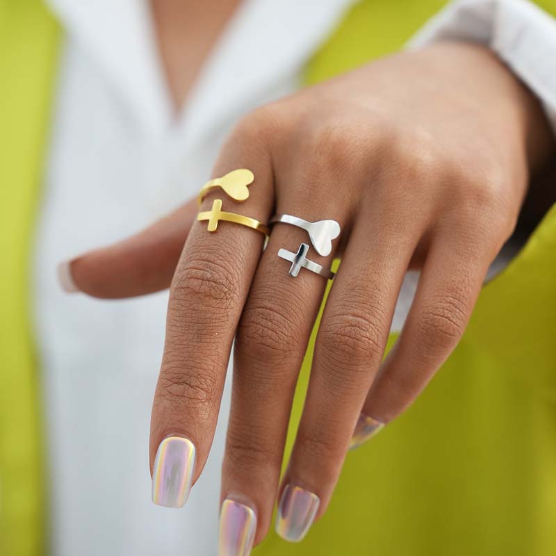 Stainless Steel Metal Love Heart Open Rings For Women minimalist Gold Color Adjustable Finger Rings Zircon Valentine's Day Gift