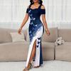European & American Fashionable Butterfly Print Off-Shoulder Slit Long Dress for Women