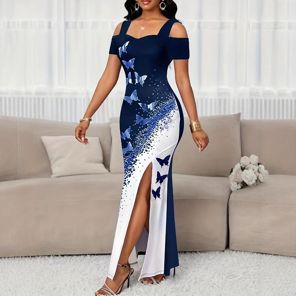 European & American Fashionable Butterfly Print Off-Shoulder Slit Long Dress for Women