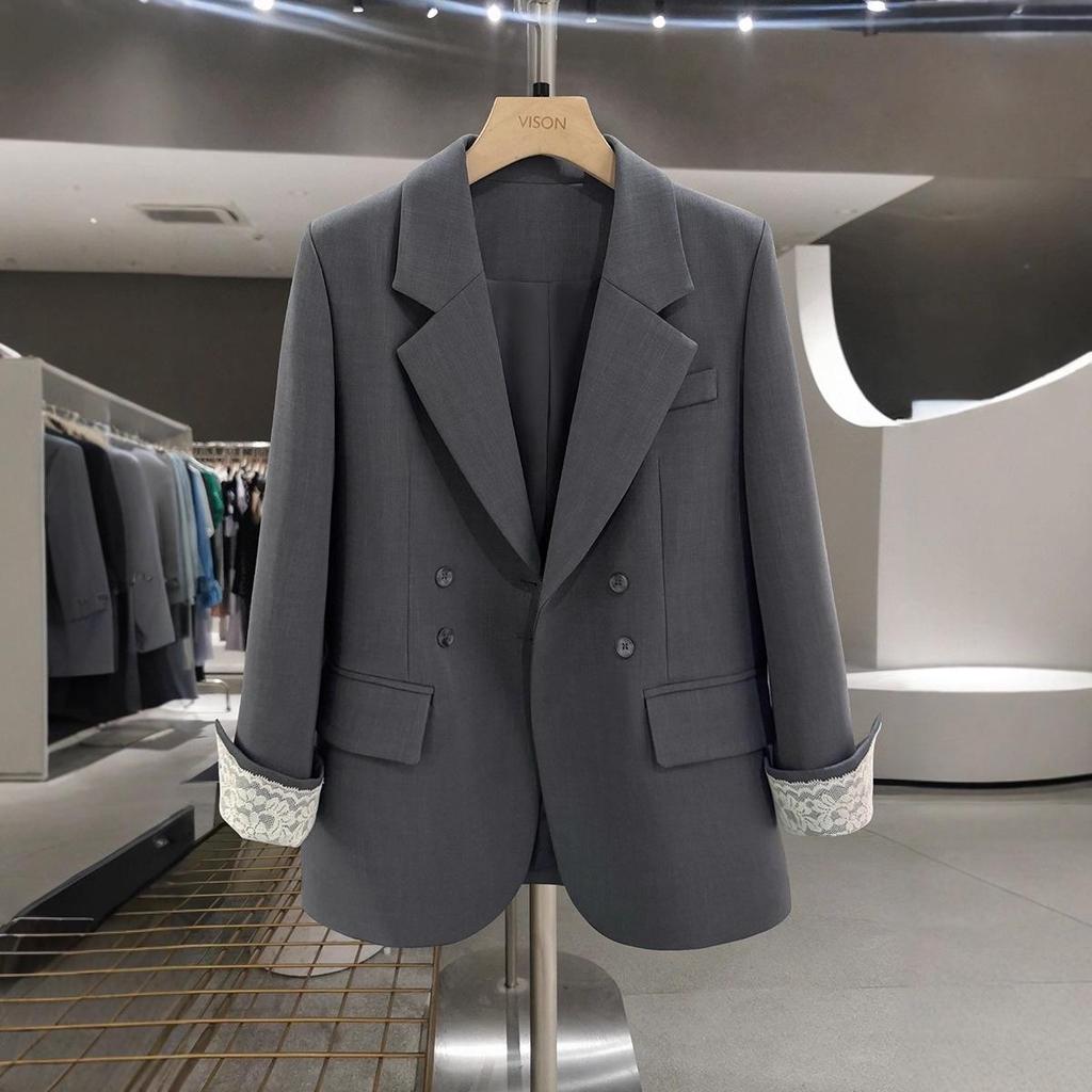 Veste de tailleur grise pour femme de haute qualité avec manchette en dentelle, Printemps/Automne 2025, Style Célébrité Internet