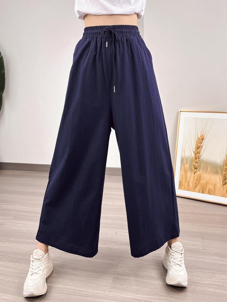 Southeast Asia Women's Casual Loose Ramie Culottes - Wide-Leg All-Cotton Slimming Pants, Eight-Point Length