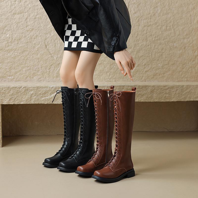 Krazing Pot Cow Split Skin Autumn Winter Shoes Concise Thick Heels Size 41 Thigh High Boots Keep Warm Round Toe Slip On Retro Knee Boots