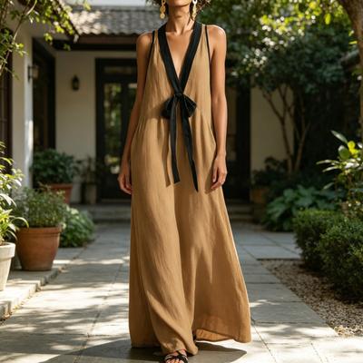 Abito Maxi da Donna Color Block Scollo a V Profondo Senza Maniche Svasato Ampio Lungo Abito Canotta per Vacanze Estive al Mare Vestito da Sole con Tasche