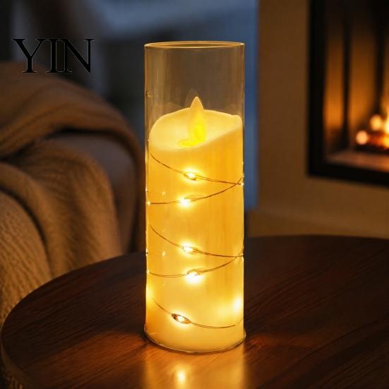 Realistic Flickering Candles for Christmas Flameless LED Candles, Battery Operated Acrylic Pillar with Embedded Wedding Table Centerpiece String, Fake