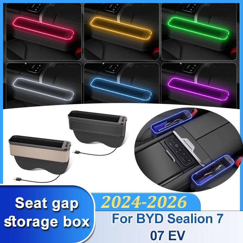 Seat Gap Storage Box For BYD Sealion 7 07 EV 2024 2025 2026 LED Light 2 USB Crevice Organizers With Cup Holder Car Accessories